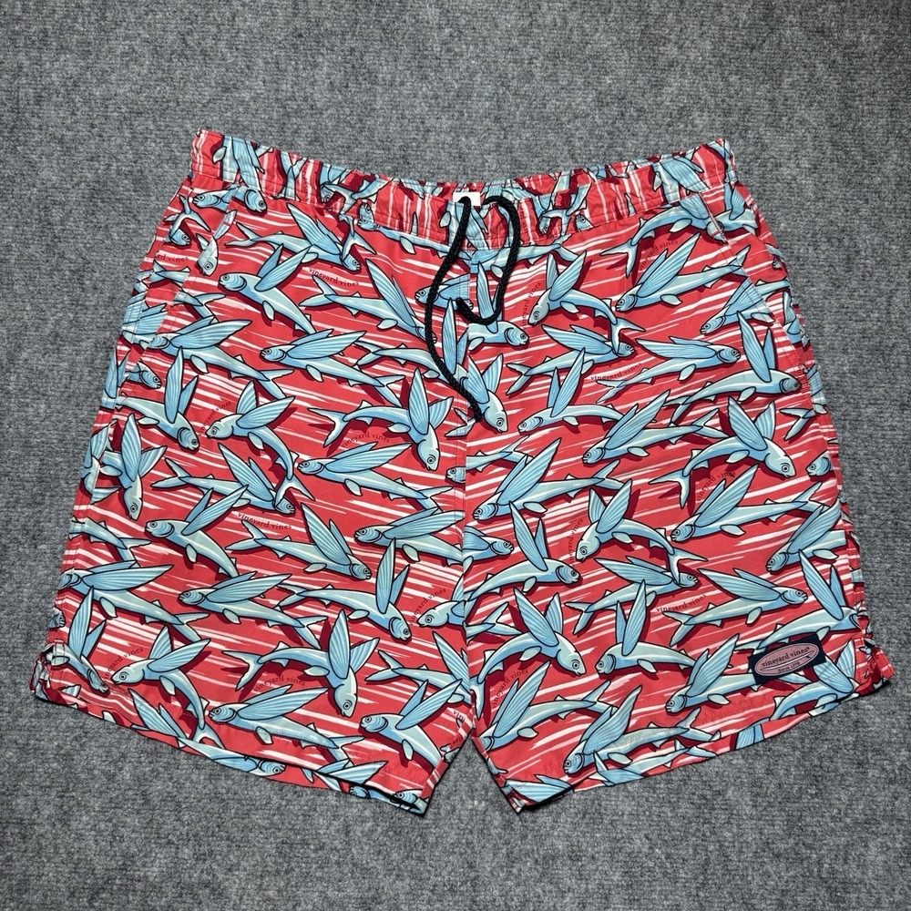 Vineyard Vines Red Blue Fish Print Men's Board Swim Shorts‎ Size Medium w/ Mesh